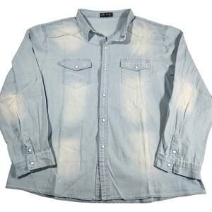 ROIWHO Mens Denim Western Shirt Light Wash Bleached Distressed Snap Button L